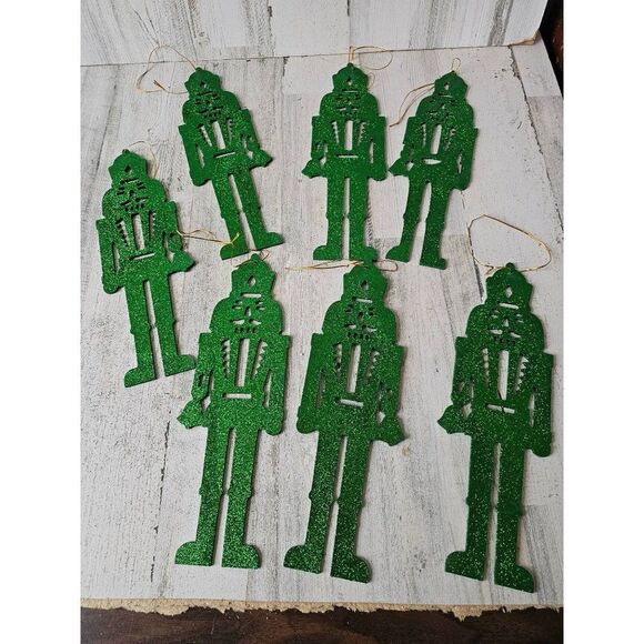 Large glitter green nutcracker ornament soldier vintage Xmas set lot tree - Picture 1 of 4
